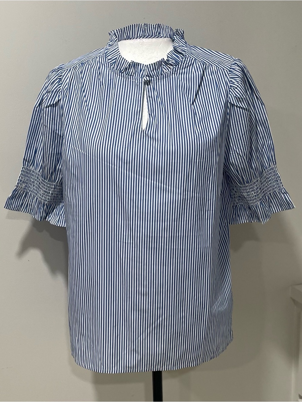 NWT J Crew Banker Blue White Stripe Short Sleeve Puff Smock Ruffle Cotton Preppy